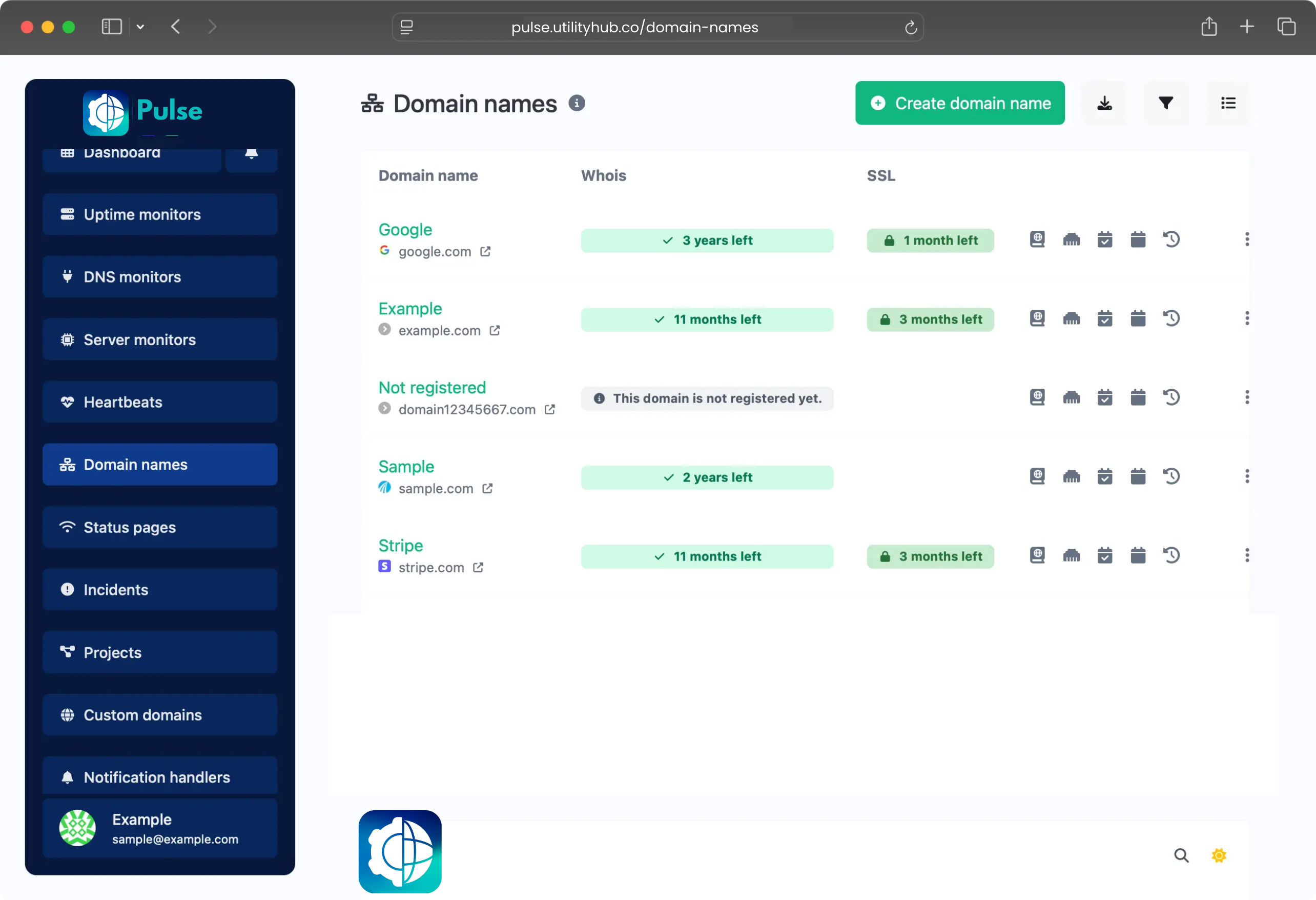 Screenshot of the app domain names list page