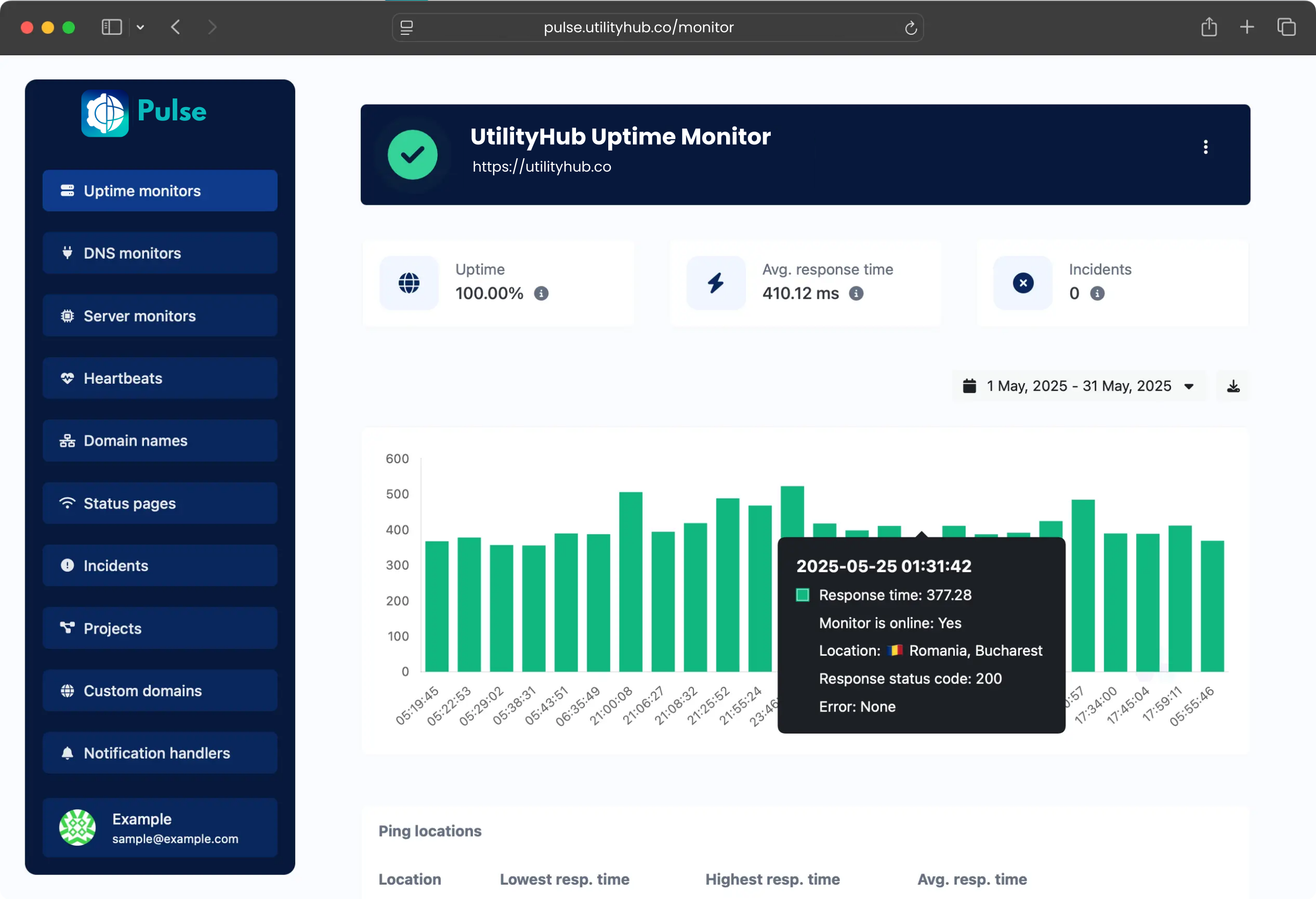 Screenshot of the app uptime monitor page